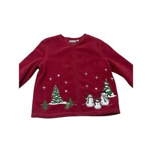 Croft & Barrow Retro Christmas Holiday Snowman Red Fleece‎ Zipper Sweater PM Med